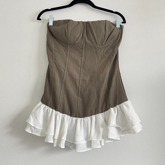 Innovare Denim Dress Olive Green Abilene Ruffle Strapless Corset Mini Coquette - Picture 1 of 8